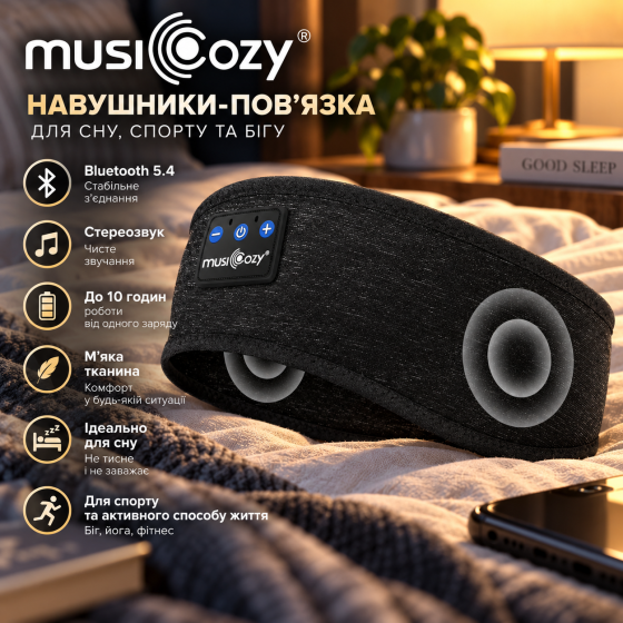 Навушники-пов'язка MUSICOZY Bluetooth 5.4, бездротові стереонавушники для сну, спорту та бігу, до 10 годин роботи, м'яка тканина Київ