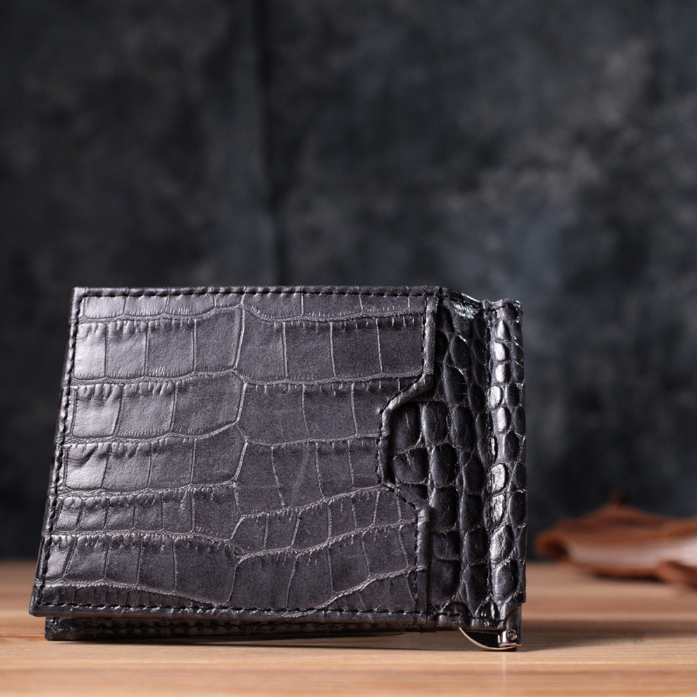 Практичний чоловічий гаманець-затиск із натуральної шкіри KARYA 22851 Сірий Київ - фото 2