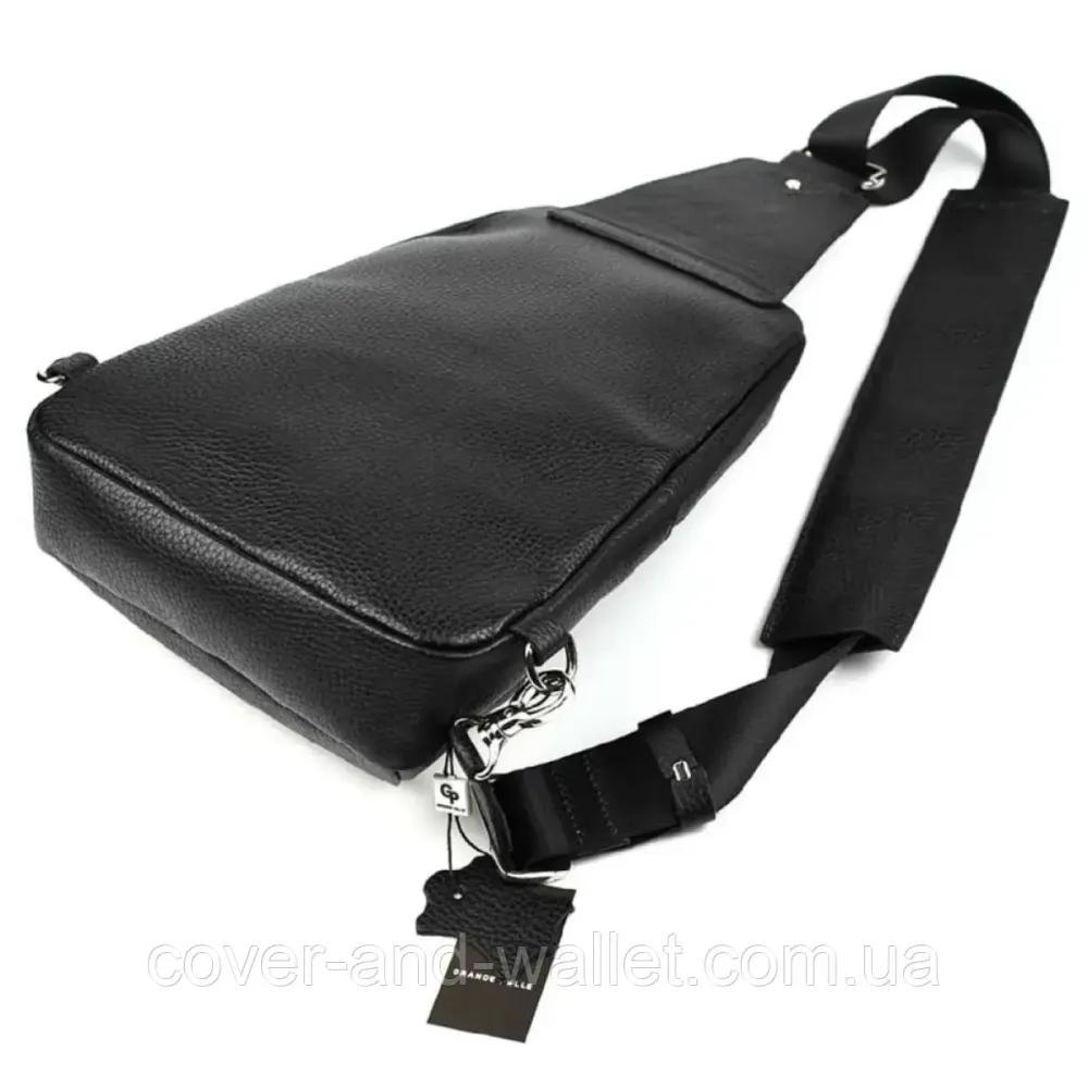 Мужская нагрудная сумка слинг из натуральной кожи черного цвета Grande Pelle 723710 Киев - изображение 5