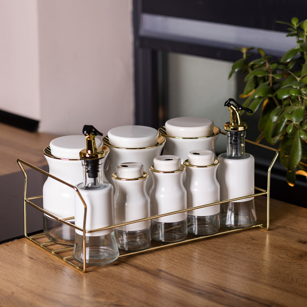 Набір для спецій на підставці з пляшками для олії та оцту 8 предметів Білий HP-1360W Коломыя - изображение 9