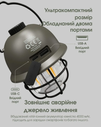 Кемпинговый подвесной фонарик Nitecore LR40 100лм с Power Bank Type-C (Зеленый) Винница