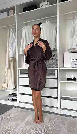 Женский халат на запах с кружевом велюр Шоколадный, Oversize 42/46 Одесса