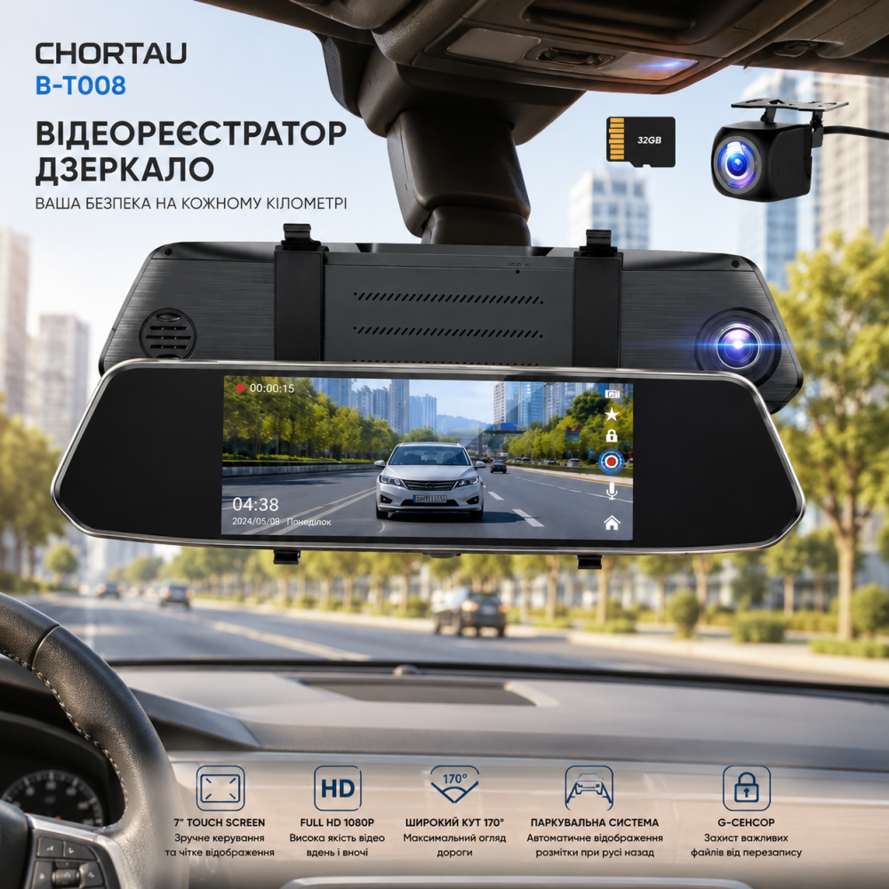 Відеореєстратор-дзеркало CHORTAU B-T008: 7" Touch Screen, Full HD 1080P, кут 170°, Паркувальна система та G-сенсор Київ - фото 9