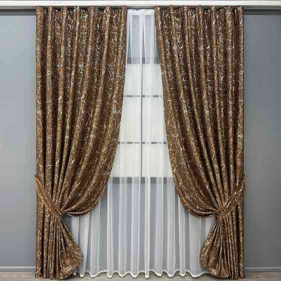 Комплект готових штор VR-Textil Льон мармур Royal Touch № 2001ш Коричневий 200х270 см 2 шт (32-477) Київ
