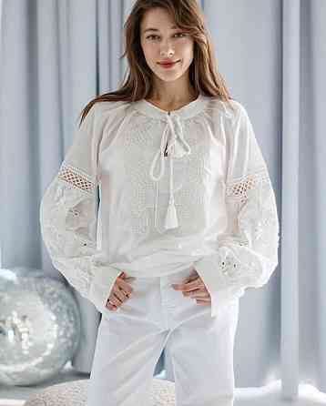 Женская праздничная белая вышиванка с завязками 80% хлопок, 20% полиэстер 50 Одесса