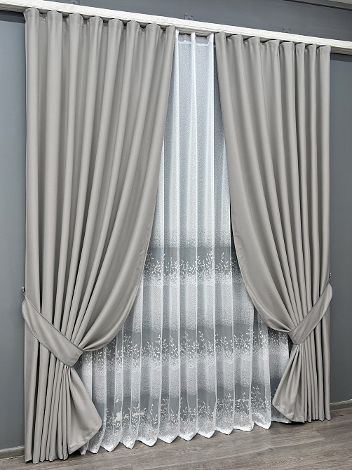 Комплект штор VR-Textil Шеніл 100х270 2шт і Тюль 300х270 1690ш-1680т Попелястий з білим 71-198/1 Київ - фото 2