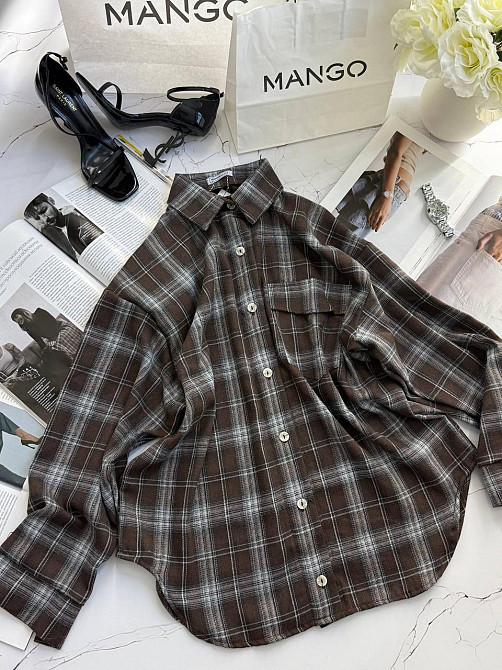 Жіноча тепла оверсайз сорочка в клітинку на ґудзиках кашемір Шоколад Одеса - фото 5