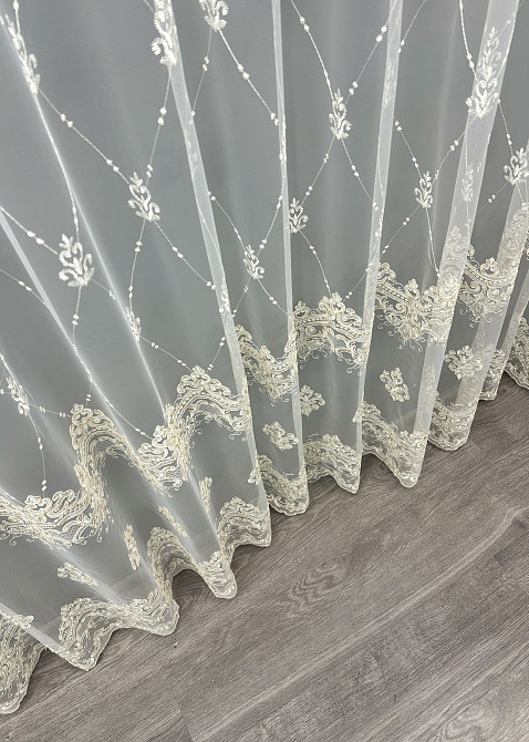Тюль VR-Textil 1847т Фатин с вышивкой и люрексом Молочный с золотистым 300х270 см (40-201) Киев - изображение 8
