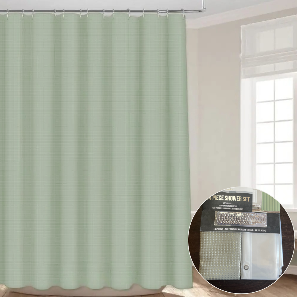 Набір шторка для ванної та душу 178x183 см, штора з підкладкою для ванної з гачками, зелена, жакардовий візерунок Кам'янець-Подільський - фото 1