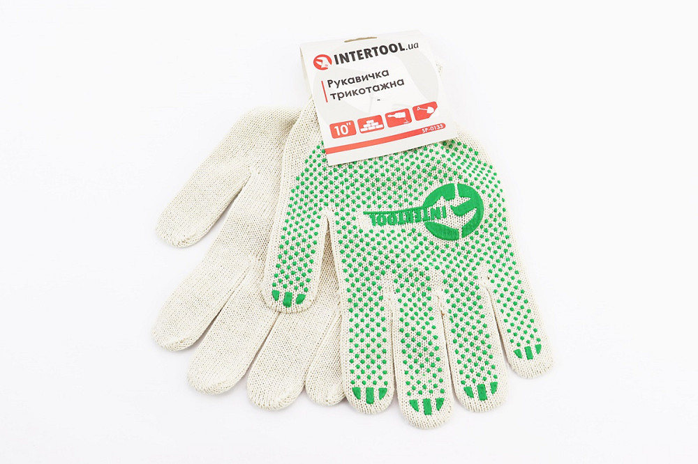 Рукавиці робочі 70% бавовна/30% поліестер 10", клас в'язки 10, білий, зелена ПВХ точка SP-0133 Київ - фото 1