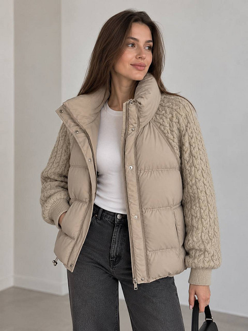Куртка жіноча YZY 30790 пуховик oversize з в’язаними рукавами демісезонна one size, бежевий, one size Київ - фото 7