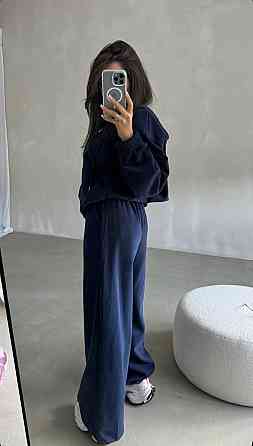 Женский теплый костюм двойка: кофта и штаны свободного кроя трехнитка на флисе Синий, 46/48 Одесса