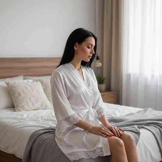 Халат жіночий сатиновий з мереживом Білий Харків