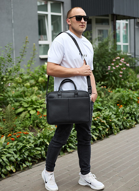 Чорний чоловічий шкіряний портфель на плече Київ - фото 6
