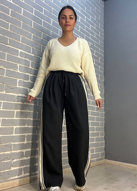 Брюки женские A-N 2752 спортшик палаццо лампас талия на резинке черные, черный, M Киев - изображение 8