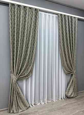 Комплект готовых штор VR-Textil Жаккард SAPFIR № 1753ш Серый с бирюзовым 150х300 см 2 шт (33-0710) Киев