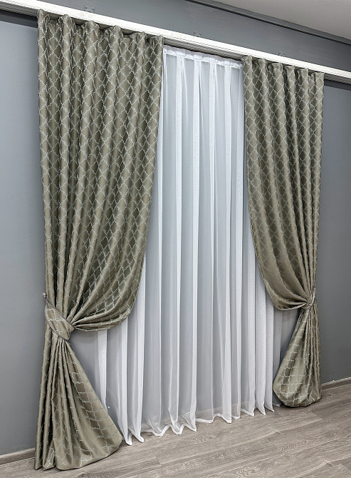 Комплект готовых штор VR-Textil Жаккард SAPFIR № 1753ш Серый с бирюзовым 150х300 см 2 шт (33-0710) Киев - изображение 4