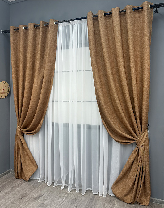 Комплект штор на люверсах VR-Textil Льон ELEMENTA № 1865ш Світло-коричневий 150х270см 2 шт (37-0274) Київ - фото 3