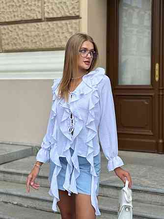 Жіноча стильна блуза "Медуза" з воланами американський креп жатка Білий, 46/48 Одеса