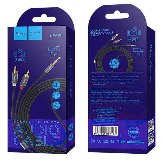 Аудіокабель HOCO UPA10 3.5mm male to double lotus RCA, TPE, 1.5m, Metal Gray Одеса