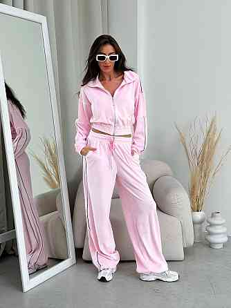Женский повседневный велюровый костюм двойка: кофта и брюки Розовый, 48/52 Одесса