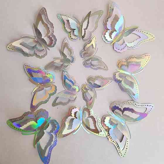 Метелики декоративні сріблясті перламутрові, в наборі 12штук різних розмірів, фольга Київ