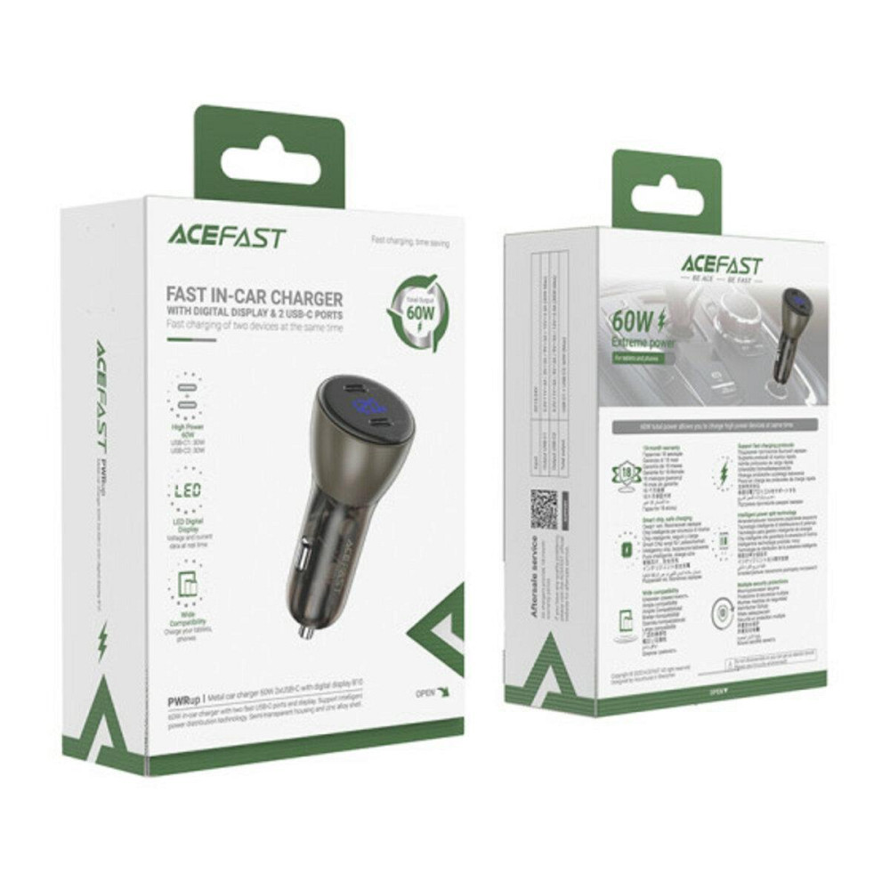 Автомобільний зарядний пристрій ACEFAST B10 metal car charger 60W (USB-C + USB-C) with digital display Black Ковель - фото 2