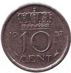 Монета 10 центов. 1957 год, Нидерланды. Полтава