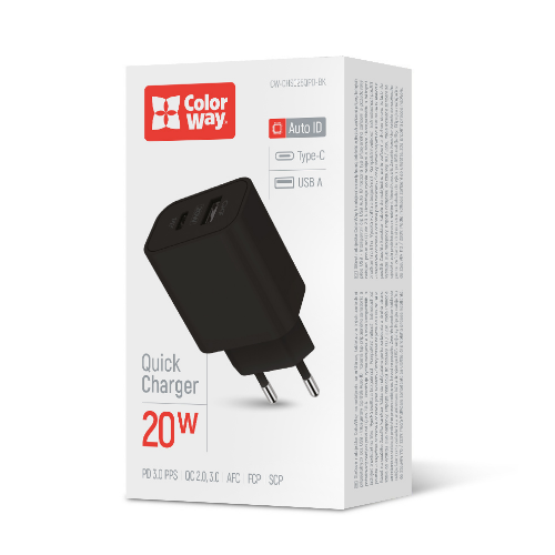 Зарядний пристрій мережевий USB/Type-C 3,0A QC+PD 20W чорний V2 ColorWay CW-CHS025QPD-BK Житомир
