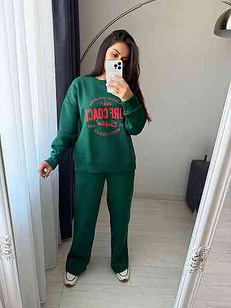 Жіночий теплий оверсайз костюм-двійка: кофта та штани турецька тринитка пеньє на флісі Зелений, 48/50 Одеса