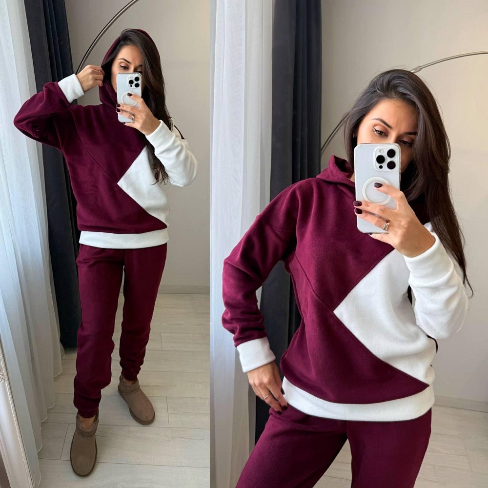 Жіночий теплий костюм-двійка: кофта та штани з двостороннього флісу Бордовий, 46/48 Одеса - фото 1