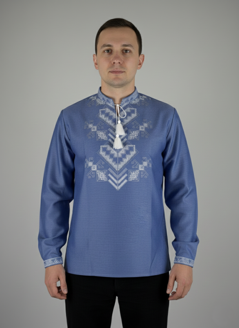 Синя чоловіча вишиванка із домотканого полотна Дерево життя Київ - фото 1