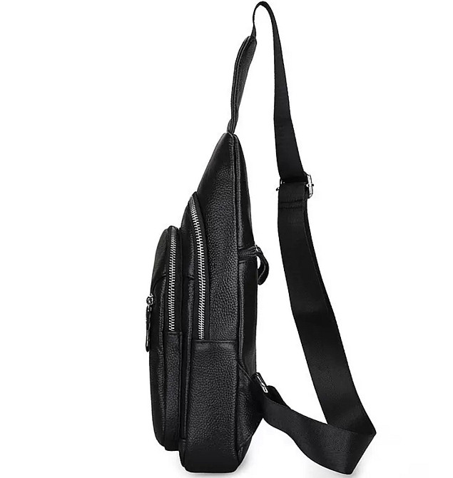 Мужской слинг через плечо 18х32х7, кожаная нагрудная бананка, сумка рюкзак Tiding Bag 33737 черная Каменское - изображение 9