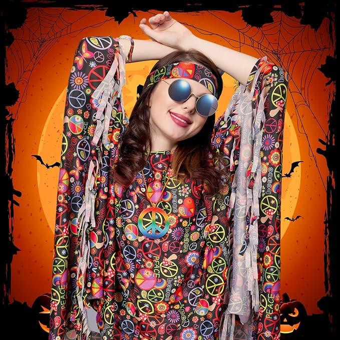 Хіпі костюм жіночій ретро у стилі 60х 70х для Хелловіну, вечірки, корпоративу, карнавальний комплект хіппі пончо Київ - фото 5