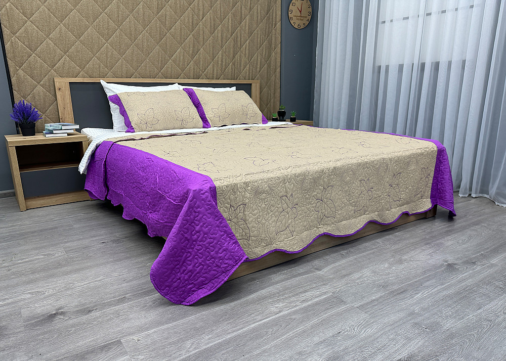 Покривало стьобане з наволочками Expo Trade листя 220x220 (+-10 см) бежевий з лавандовим (85-148) Київ - фото 3