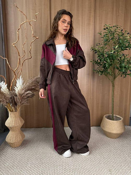 Женский стильный повседневный костюм двойка из замша на дайвинге Шоколад Одесса - изображение 9