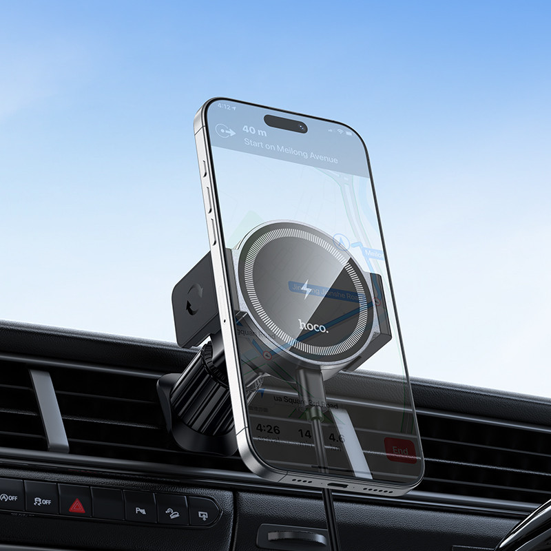 Автотримач для телефона з БЗП HOCO HW35 Power electric magnetic wireless fast charging car holder(air outlet) Black Ковель - фото 10