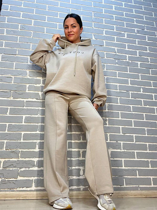 Костюм женский A-N 2742 худые с капюшоном брюки вышивка на резинке со швом - стрелкой бежевый, бежевый, L Киев - изображение 1