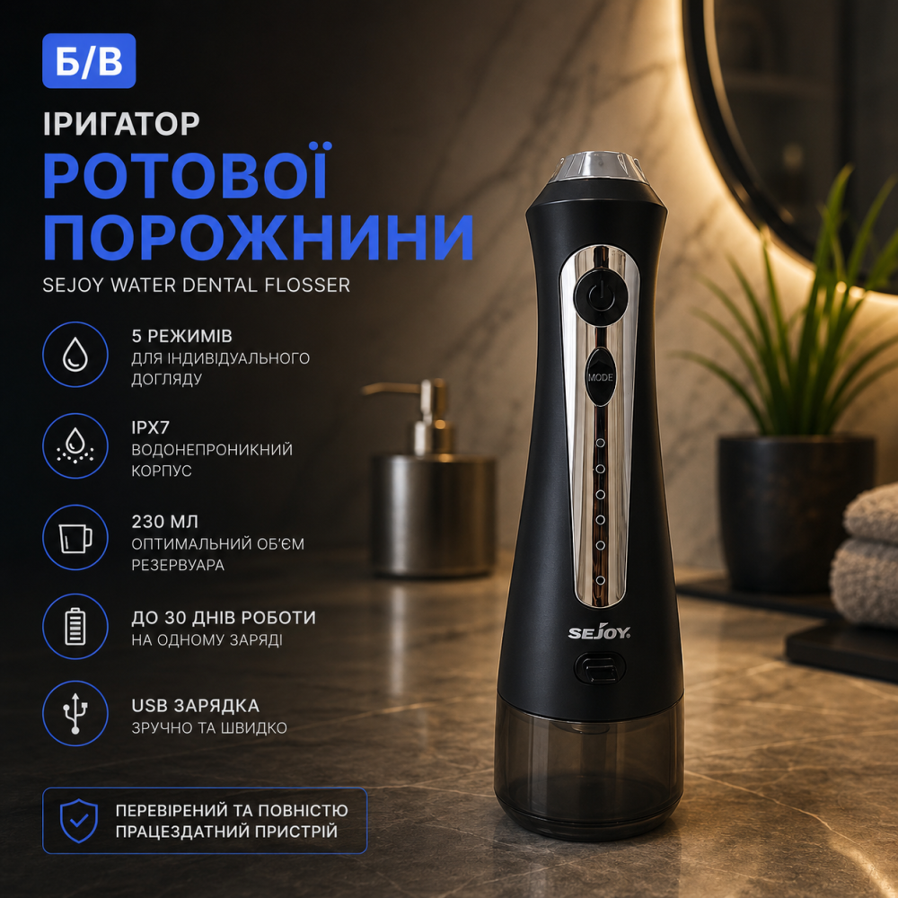 Б/в Іригатор ротової порожнини Sejoy Water Dental Flosser | Бездротовий, 5 режимів, IPX7, резервуар 230 мл, USB Київ - фото 7