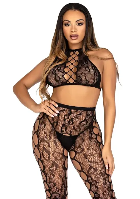 Комплект Leg Avenue Crop Top & Crotchless Tights One Size Black Львов - изображение 1