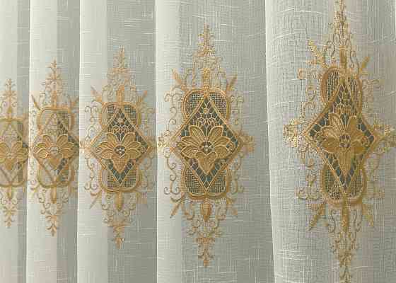 Тюль VR-Textil 1805т Лен с кружевом Молочный с золотистым 300х270 см (40-107) Киев