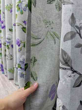 Комплект штор VR-Textil Лен Прованс 100х270 2шт и Тюль 400х270 2084ш-1681т Светло-серый с фиолетовым и белым 71-208/2 Киев