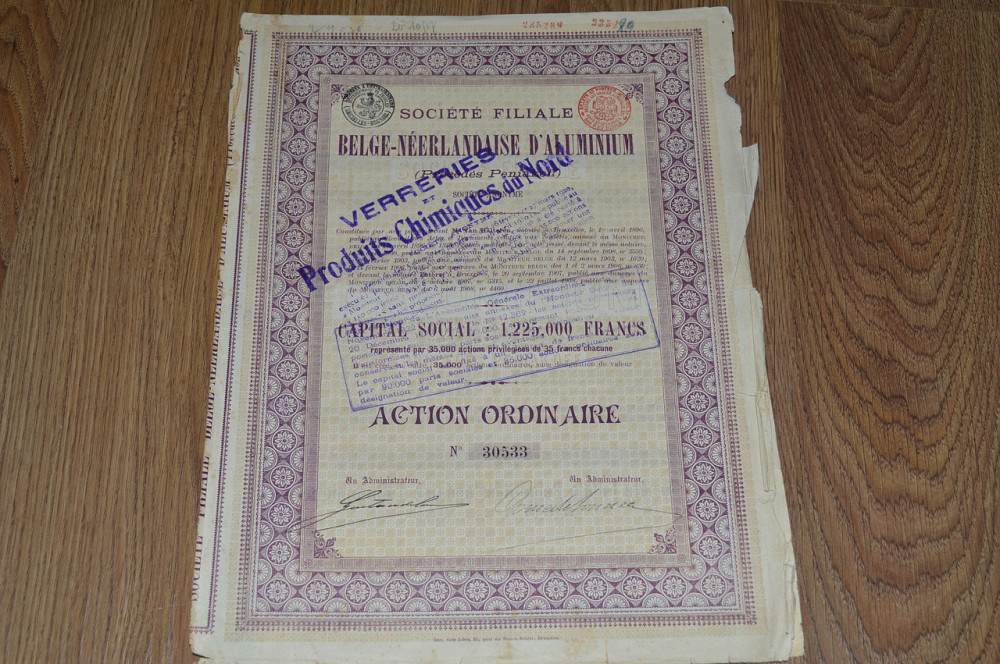 Акція. BELGE-NEERLANDAISE D ALUMINIUM. 1922 рік №30533 (87) Полтава - фото 1