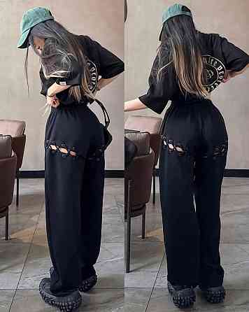 Жіночі стильні штани прямого крою на гумці з невеликими розрізами двонитка 46/48 Одеса