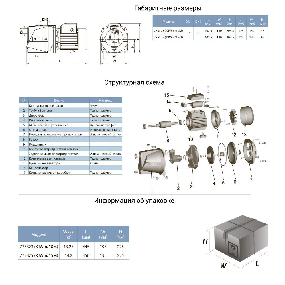 Насос центробежный самовсасывающий 0.75кВт Hmax 46м Qmax 90л/мин LEO XJWm/10M (775323) Ровно - изображение 3