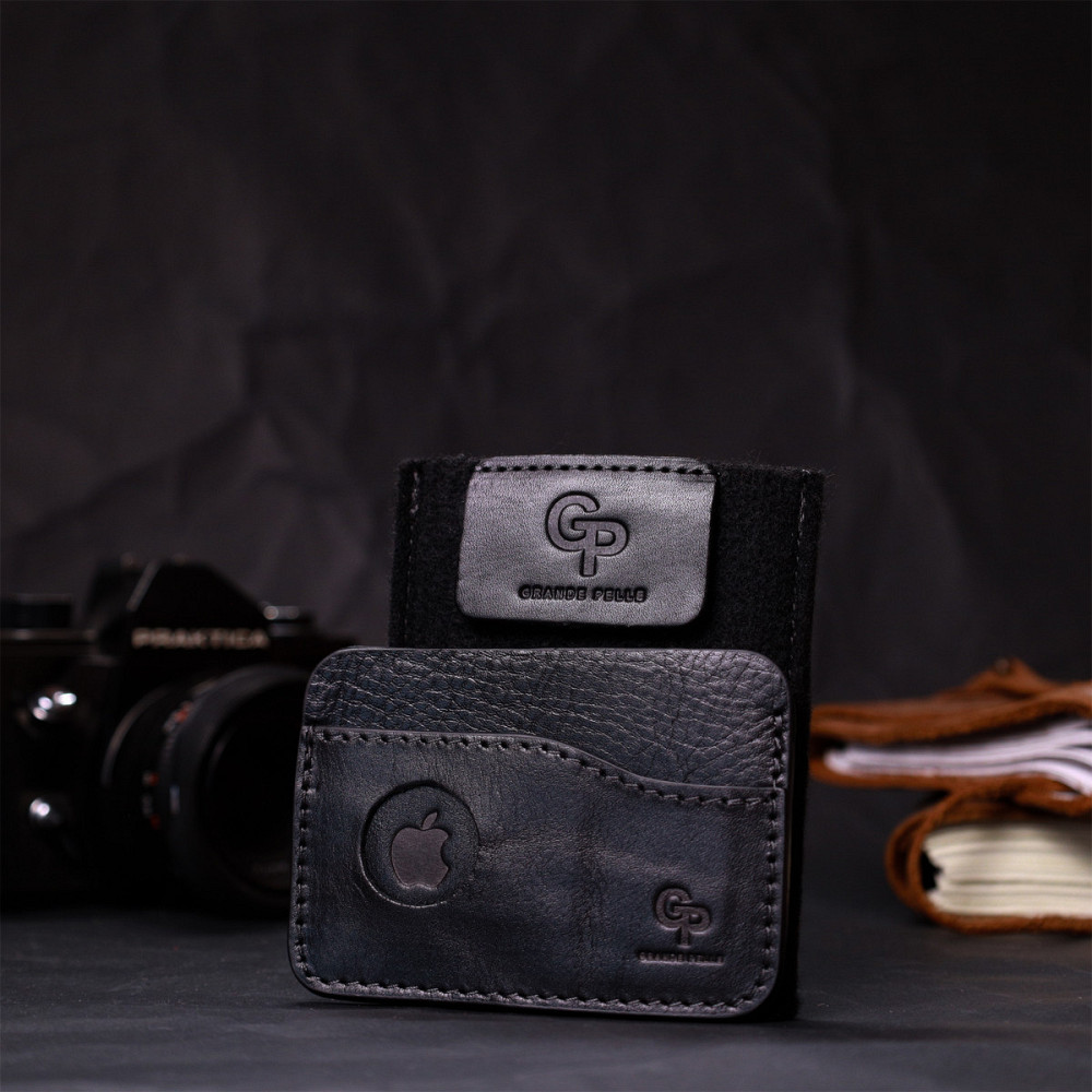 Картхолдер горизонтального типу з утримувачем для Apple AirTag з натуральної шкіри GRANDE PELLE 11613 Чорний Київ - фото 7