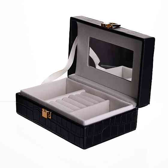 Скринька для прикрас з еко шкіри 3 відділення з дзеркалом 16×10×6 см Чорний HP-5-18B Київ