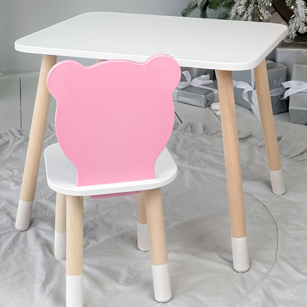Прямокутний стіл і стільчик рожевий  дитячий ведмежа з білим сидінням. Столик білий дитячий Київ - фото 3