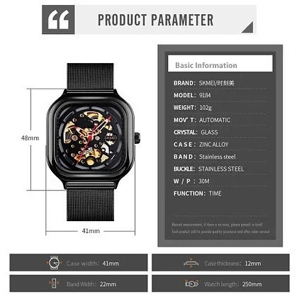 Чоловічий механічний годинник Skmei 9184 скелетон (Чорний) Київ - фото 5