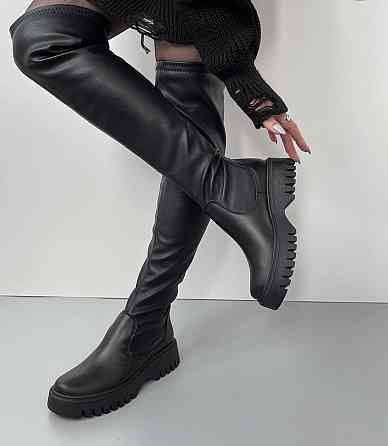 Ботфорти зимові жіночі, натуральна шкіра, чорні на плоскій підошві, наповнювач вовна р. 38, 39 Коломия